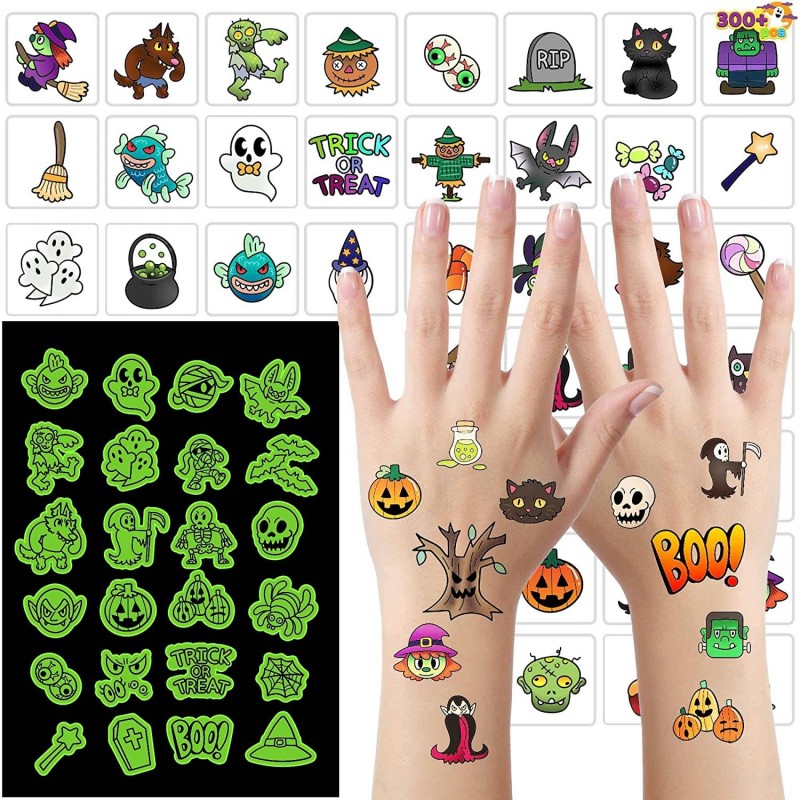 300+ Assorted Halloween Tattoos 42 Designs including 24 Glow in the Night Children Tattoos for Halloween Trick or Treat Party...