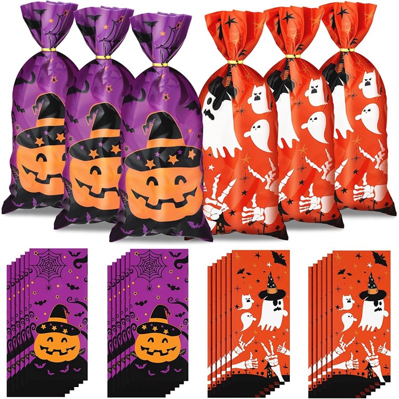 100 Pieces Halloween Cellophane Bags Pumpkin Ghost Goodie Treat Bags Plastic Party Favor Bags for Bakery Popcorn Cookies Cand...