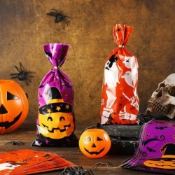 100 Pieces Halloween Cellophane Bags Pumpkin Ghost Goodie Treat Bags Plastic Party Favor Bags for Bakery Popcorn Cookies Cand...