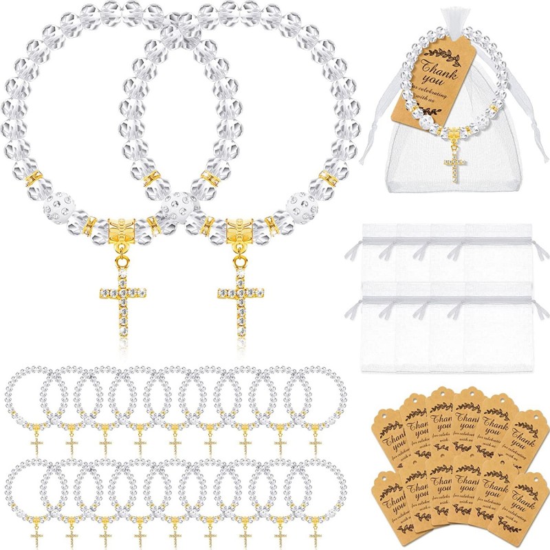 90 Pieces Baptism Favors Set Include 30 Pieces Crystal Bracelets with Crucifix Rosary 30 Pieces Thank You Tags 30 Pieces Orga...