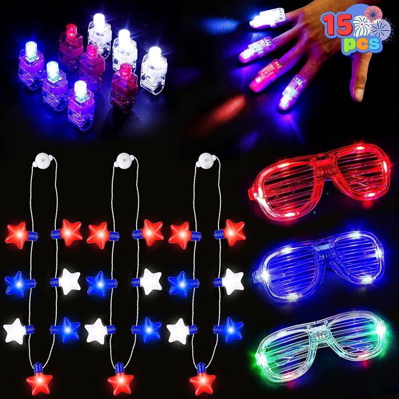 15 Pcs Patriotic Party Favor of 3 LED Shutter Shade Glasses 3 LED Light Up Necklaces and 9 LED Glow Finger Lights for 4th of ...