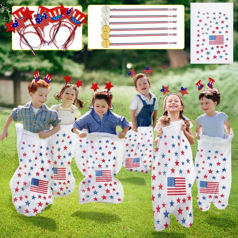 4th of July Patriotic Potato Sack Race Bags/USA Flag Patriotic Head Boppers Headband/Red White Blue Prize Medals for Kids and...