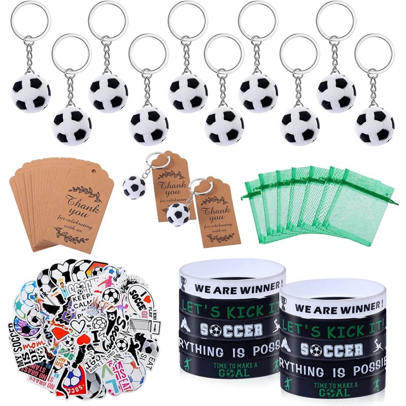 114 Pcs Soccer Party Favors Set Soccer Party Supplies Soccer Themed Party Favors with Silicone Bracelets Soccer Keychains Sti...