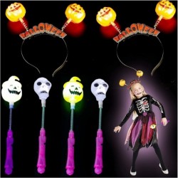 Halloween Party Favors Set of 2 LED Light Up Pumpkin & Skull Headband 4 PCS of Halloween Glowing Wand Stick LED Hand Stick Ha...