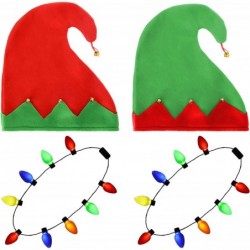 2 Pack Christmas ELF Hats with Bells & 2 Pack LED Light Up Christmas Bulb Necklace Set Red Green Christmas Holiday Party Hats...