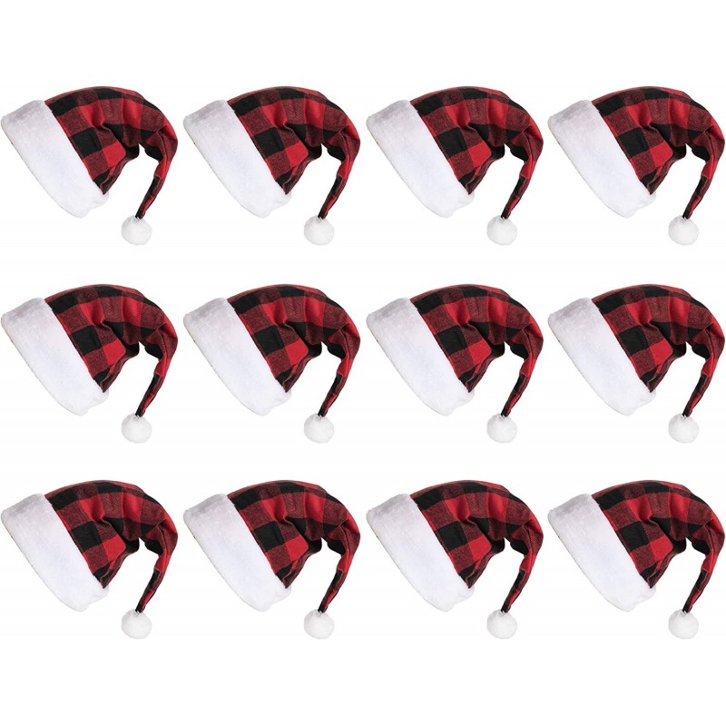 12 Pack Premium Santa Hats Plush Red Velvet Plaid Christmas Hats with White Cuffs for Christmas Holiday Favors and Party Supp...