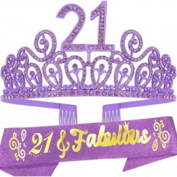 21st Birthday Sash and Tiara for Women - Fabulous Set: Glitter Sash + Ripples Rhinestone Purple Premium Metal Tiara for Women...