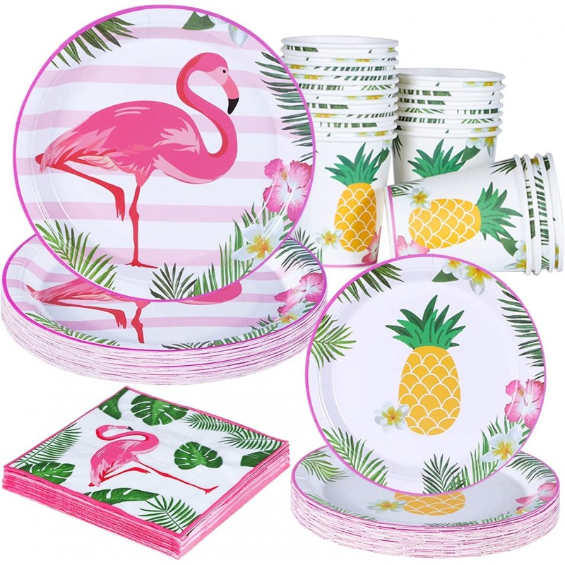 Flamingo Plates and Napkins Flamingo Paper Cups-Tropical Luau Hawaiian Theme Party Tableware Set for Tropical Luau Birthday P...