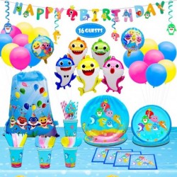 Little Shark Birthday Decorations Ocean Theme Party Supplies for 16 Guests Party Plates Cups Napkins Set 2 Large Tablecloths ...