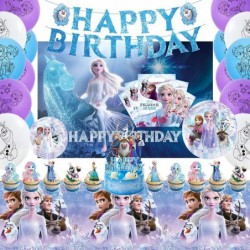 Frozen Birthday Party Favors Set Birthday Decorations with Banners Backdrop Balloons Cake Topper Tablecloth Paper Plates cupc...