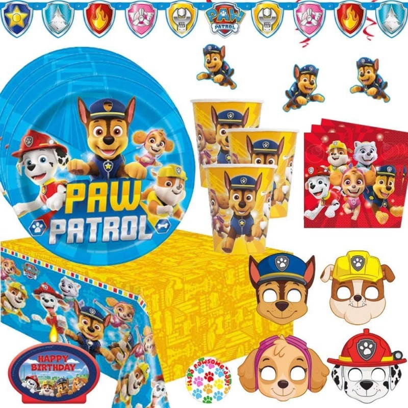 Paw Patrol Birthday Supplies Pack for 16 with Plates Cups Napkins Table Cover Paper Masks Candle Banner Swirls and Pin $60.25...