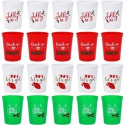 Christmas Plastic Party Cups - Set of 20 White Red and Green 16oz Plastic Holiday Stadium Cups 4 Festive Drinking Pun Designs...