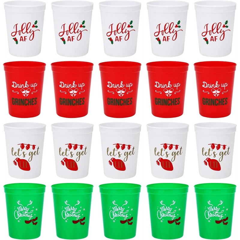 Christmas Plastic Party Cups - Set of 20 White Red and Green 16oz Plastic Holiday Stadium Cups 4 Festive Drinking Pun Designs...