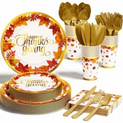 Thanksgiving Fall Party Supplies - 175 PCS Autumn Thanksgiving Disposable Dinnerware Set (25 Guest) with Maple Leaves Gold Pa...