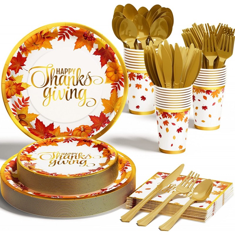 Thanksgiving Fall Party Supplies - 175 PCS Autumn Thanksgiving Disposable Dinnerware Set (25 Guest) with Maple Leaves Gold Pa...