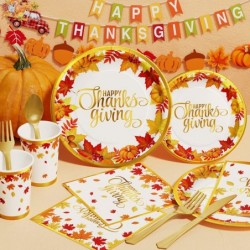 Thanksgiving Fall Party Supplies - 175 PCS Autumn Thanksgiving Disposable Dinnerware Set (25 Guest) with Maple Leaves Gold Pa...