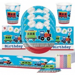 All Aboard Train Party Supplies Pack Serves 16: Dinner Plates Luncheon Napkins Cups and Table Cover with Birthday Candles (Bu...