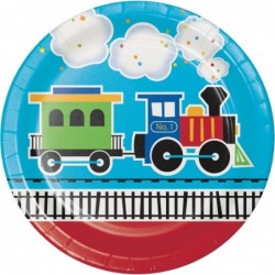 All Aboard Train Party Supplies Pack Serves 16: Dinner Plates Luncheon Napkins Cups and Table Cover with Birthday Candles (Bu...