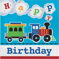 All Aboard Train Party Supplies Pack Serves 16: Dinner Plates Luncheon Napkins Cups and Table Cover with Birthday Candles (Bu...