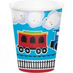 All Aboard Train Party Supplies Pack Serves 16: Dinner Plates Luncheon Napkins Cups and Table Cover with Birthday Candles (Bu...