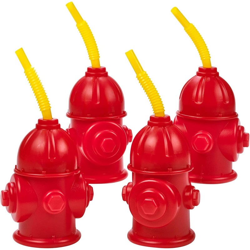 Straw Fire Hydrant Cups with Lids - (Pack of 4) Reusable 12 oz Red Plastic Fire Truck Party Supplies Cups and Firefighter Bir...