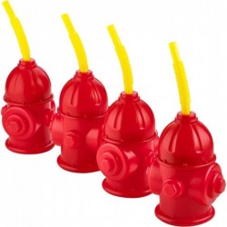 Straw Fire Hydrant Cups with Lids - (Pack of 4) Reusable 12 oz Red Plastic Fire Truck Party Supplies Cups and Firefighter Bir...