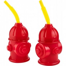 Straw Fire Hydrant Cups with Lids - (Pack of 4) Reusable 12 oz Red Plastic Fire Truck Party Supplies Cups and Firefighter Bir...