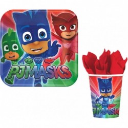 PJ Mask Party Essentials Supply Pack For 16 Guests With Party PJ Mask Dinner Plates Napkins Tablecover Cups Game Masks and Ex...