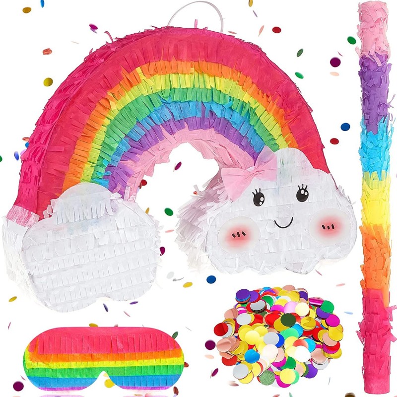 Rainbow Shaped Pinata Cute Cloud Pinata Fiesta Party Pinata with Stake Rainbow Paper Blindfold and Holographic Confetti Rainb...