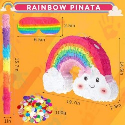 Rainbow Shaped Pinata Cute Cloud Pinata Fiesta Party Pinata with Stake Rainbow Paper Blindfold and Holographic Confetti Rainb...