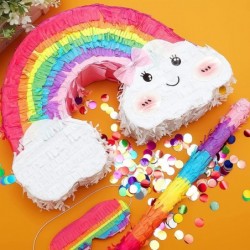 Rainbow Shaped Pinata Cute Cloud Pinata Fiesta Party Pinata with Stake Rainbow Paper Blindfold and Holographic Confetti Rainb...