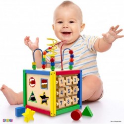 Wooden Activity Cube for Baby - 6 in-1 Baby Activity Play Cube with Bead Maze Shape Sorter Abacus Counting Beads Counting Num...