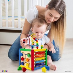 Wooden Activity Cube for Baby - 6 in-1 Baby Activity Play Cube with Bead Maze Shape Sorter Abacus Counting Beads Counting Num...