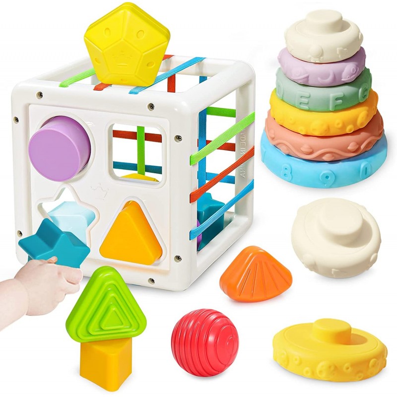 Montessori Toys for 1 Year Old 2 in 1 Baby Toys 6 to 12 Months Shape Sorter Toys with 10 Pcs Sensory Blocks&Stacking Toys Bab...