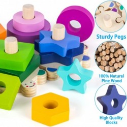 Wooden Blocks for Toddlers 1-3 Years Old Baby Boys Girls Stacking Blocks & Montessori Toys for Baby 12+ Months Color Shape So...