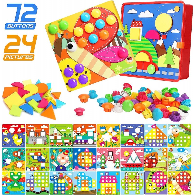 Button Art Toys Crafts for Toddler Activities Game Peg Board Preschool Toys Mosaic Pegboard for Kids Age 2 3 4 5 6 Girls Boys...