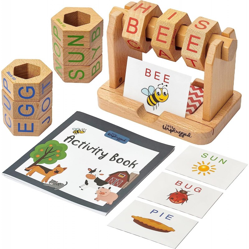 Real Wood Spin and Read Montessori Phonetic Reading Blocks Combines Spelling Blocks with Phonics flashcards for a Frustration...