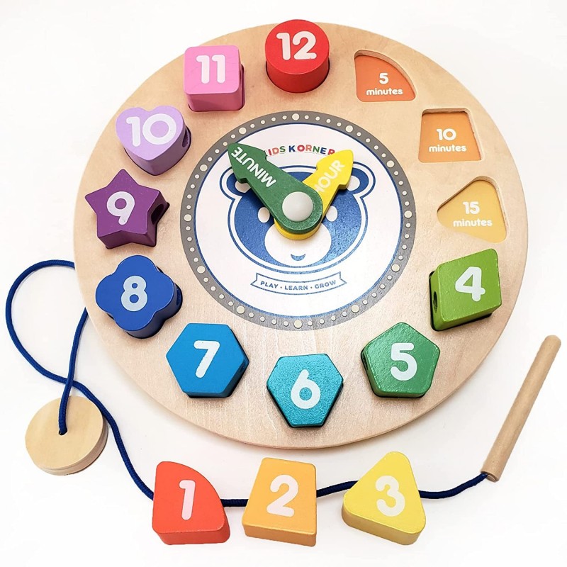 Lace & Learn Wood Clock for Kids - Shapes Colors Lacing & Telling Time Toddler Clock - Glow in The Dark Fine Motor Skills and...