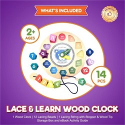 Lace & Learn Wood Clock for Kids - Shapes Colors Lacing & Telling Time Toddler Clock - Glow in The Dark Fine Motor Skills and...