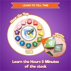 Lace & Learn Wood Clock for Kids - Shapes Colors Lacing & Telling Time Toddler Clock - Glow in The Dark Fine Motor Skills and...