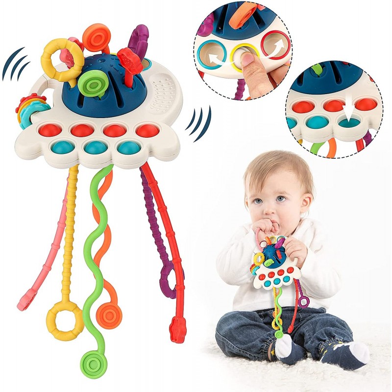 Baby Montessori Toys for 18+ Months Pull String Sensory Toy with Bell --- 6 Colorful Strings Food Grade Silicone Travel Toys ...