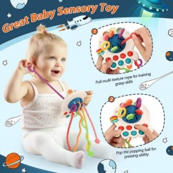 Baby Montessori Toys for 18+ Months Pull String Sensory Toy with Bell --- 6 Colorful Strings Food Grade Silicone Travel Toys ...