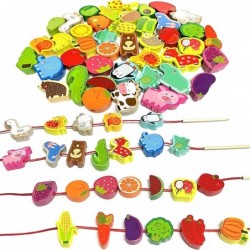 46 PCS Montessori Wooden Lacing Beads Toys for Toddlers Educational Stringing Animals Fruits Farm Threading Beads Preschool L...