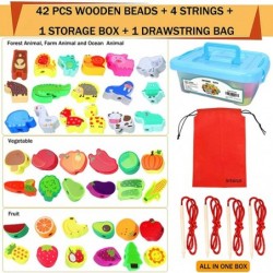 46 PCS Montessori Wooden Lacing Beads Toys for Toddlers Educational Stringing Animals Fruits Farm Threading Beads Preschool L...