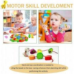 46 PCS Montessori Wooden Lacing Beads Toys for Toddlers Educational Stringing Animals Fruits Farm Threading Beads Preschool L...