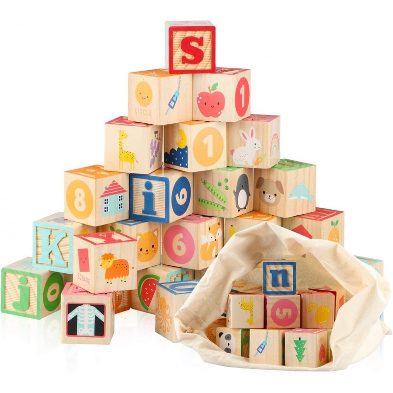 Wooden ABC Building Blocks for Toddlers 1-3 |26 PCS Wood Baby Alphabet Number Blocks for Stacking Learning Preschool Educatio...