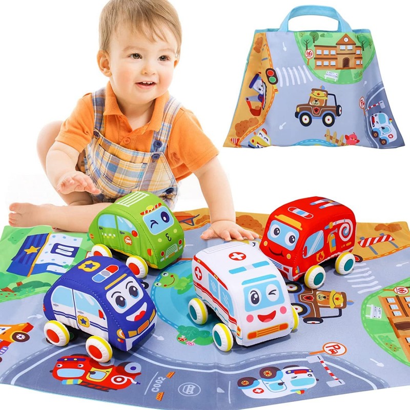 Baby Toys for 1 Year Old Soft Car Toys with Playmat Storage Bag Baby Toys 12-18 Months Pull Back Car Toys for Toddlers 1-3 Gi...