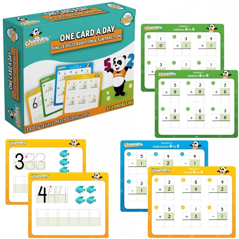 Channie’s One Card a Day Single Digit Addition & Subtraction 34 Dry Erase Math Flashcards 5.5W x 4.25 L x 0.75H for Pre-K - 1...