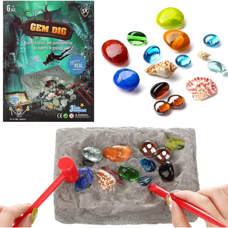 Christmas Gems Dig Kit Gemstone Excavation Kit Mining Toy Excavate 17 Gems and Shells Educational Digging Toy Science Kit wit...