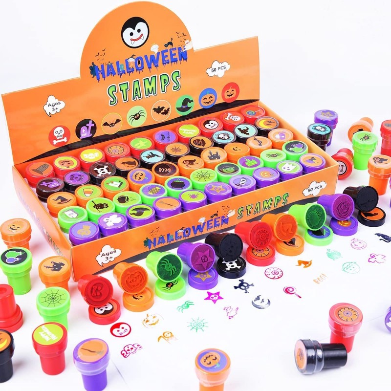 50PCS Halloween Assorted Stamps 50 Halloween Theme Designs Kids Self-Ink Stamps(5 Colors) for Halloween Party Supplies Goodie...